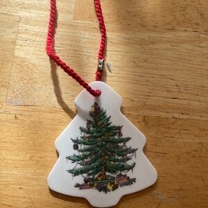 Spode christmas Tree Ornament with Red Cord. Vintage. About 2.5 in tall